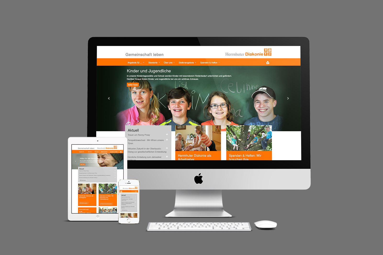 Desktop-Monitor, Tablet und Handy zeigen Website der Herrnhuter Diakonie