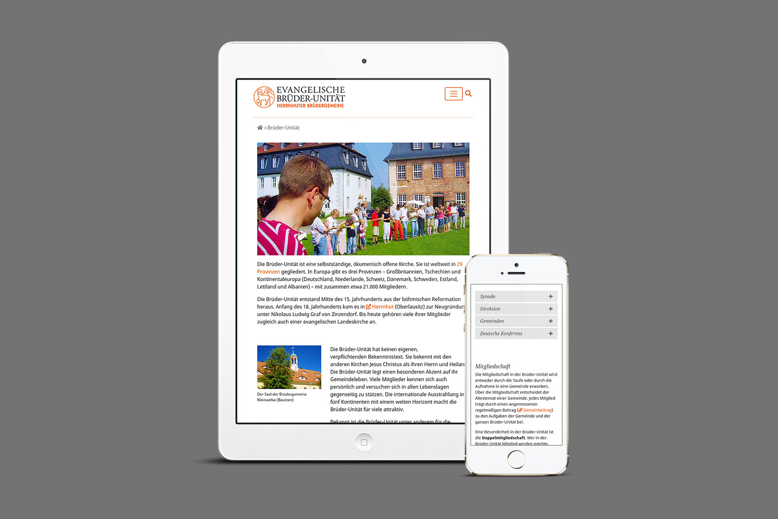 Tablet und Handy zeigen Website der Herrnhuter Brüdergemeine