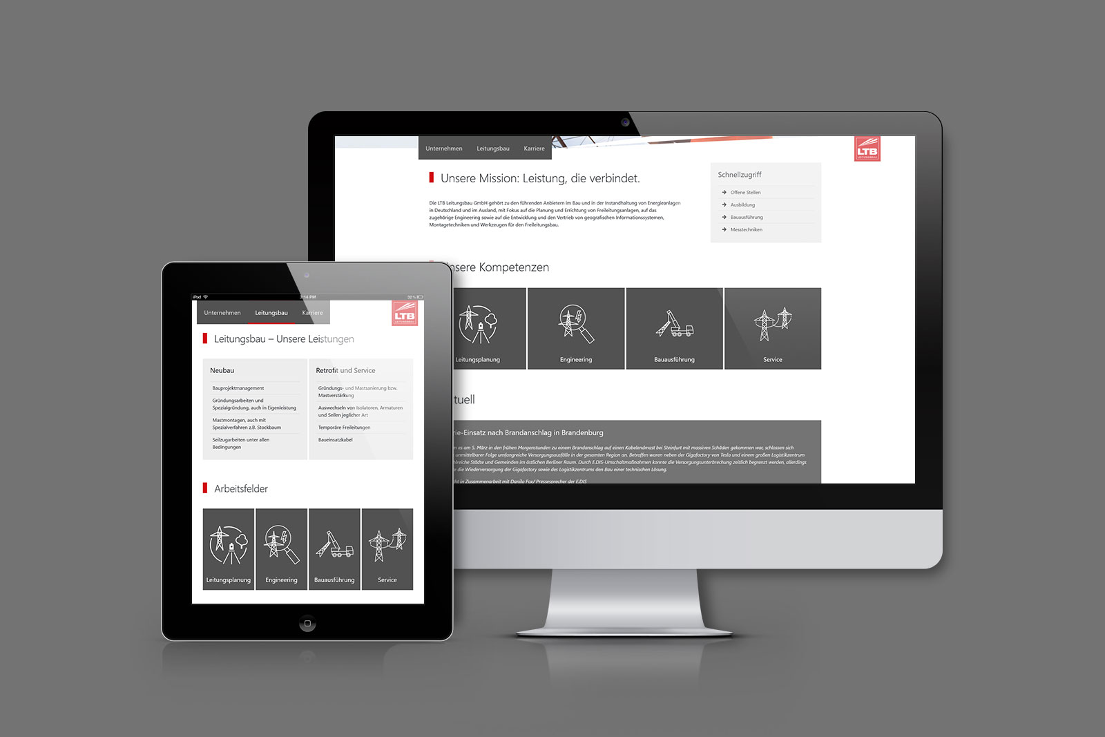 Tablet und Desktop-Monitor zeigen Website von LTB Leitungsbau