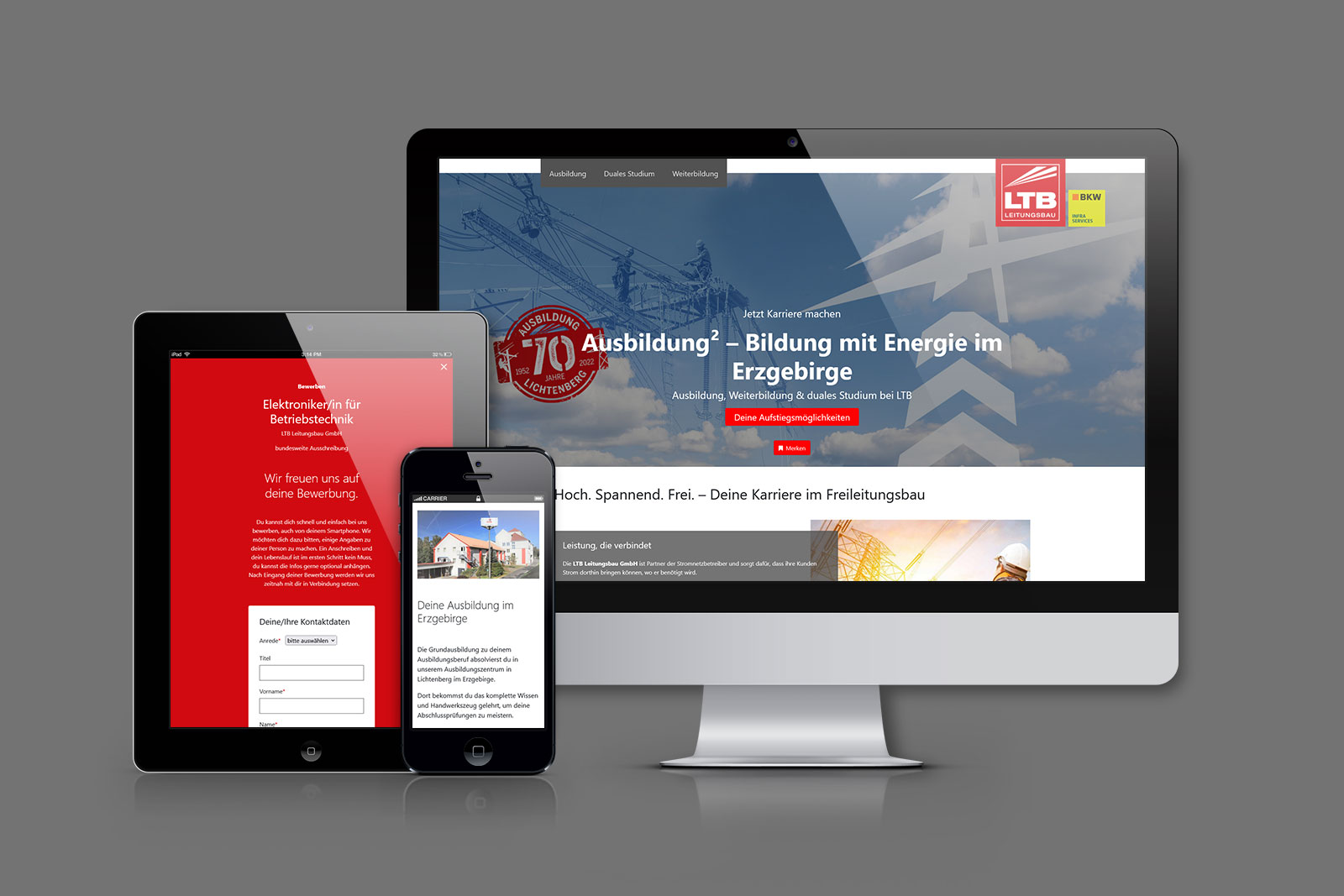 Tablet, Handy und Desktop-Monitor zeigen Website von Ausbildung²