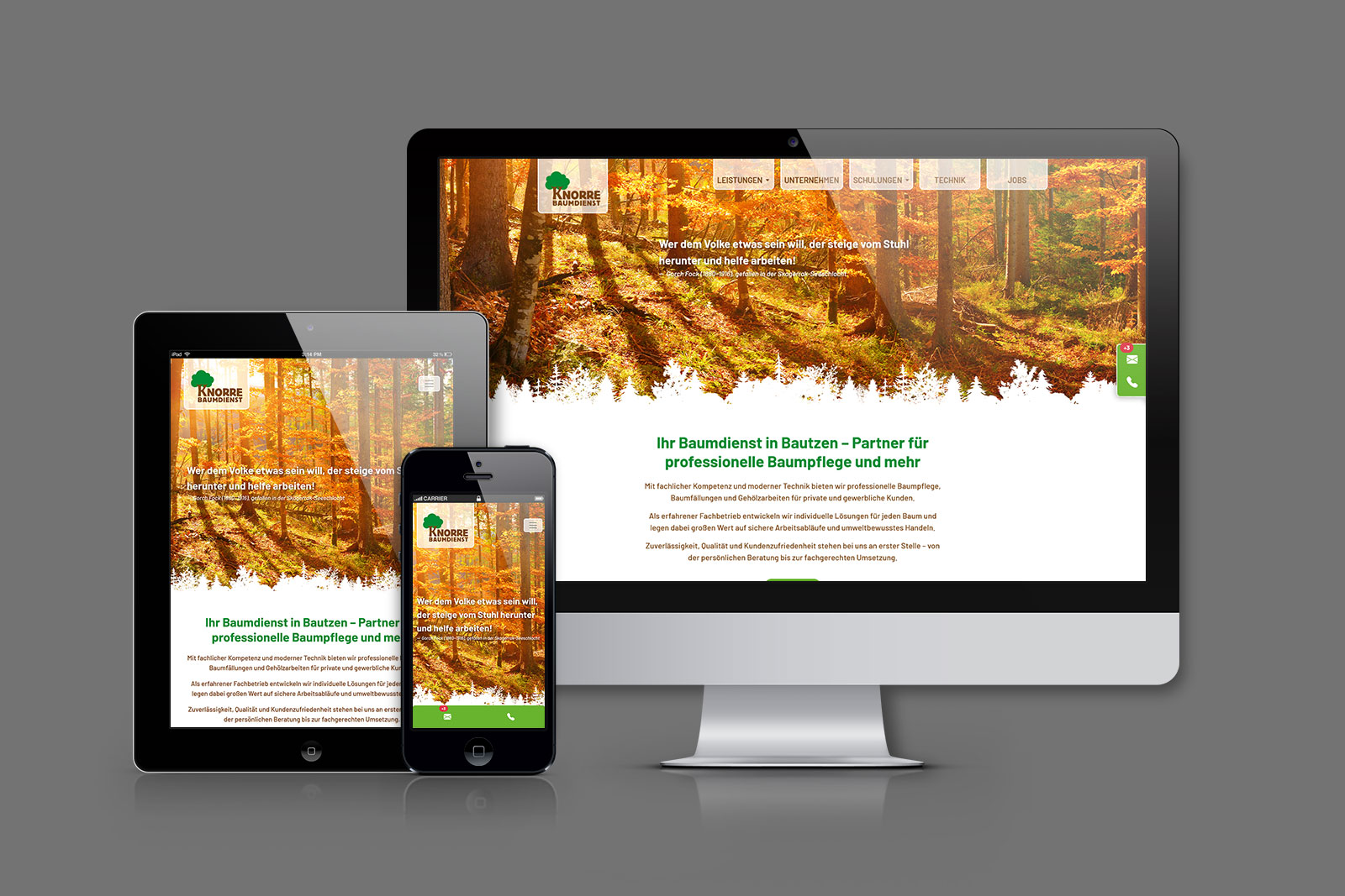 Tablet, Handy und Desktop-Monitor zeigen Website von Knorre Baumdienst